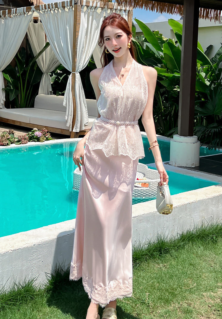 V-Neck Lace Peplum Top & Satin Maxi Skirt Two-Piece Dress Set