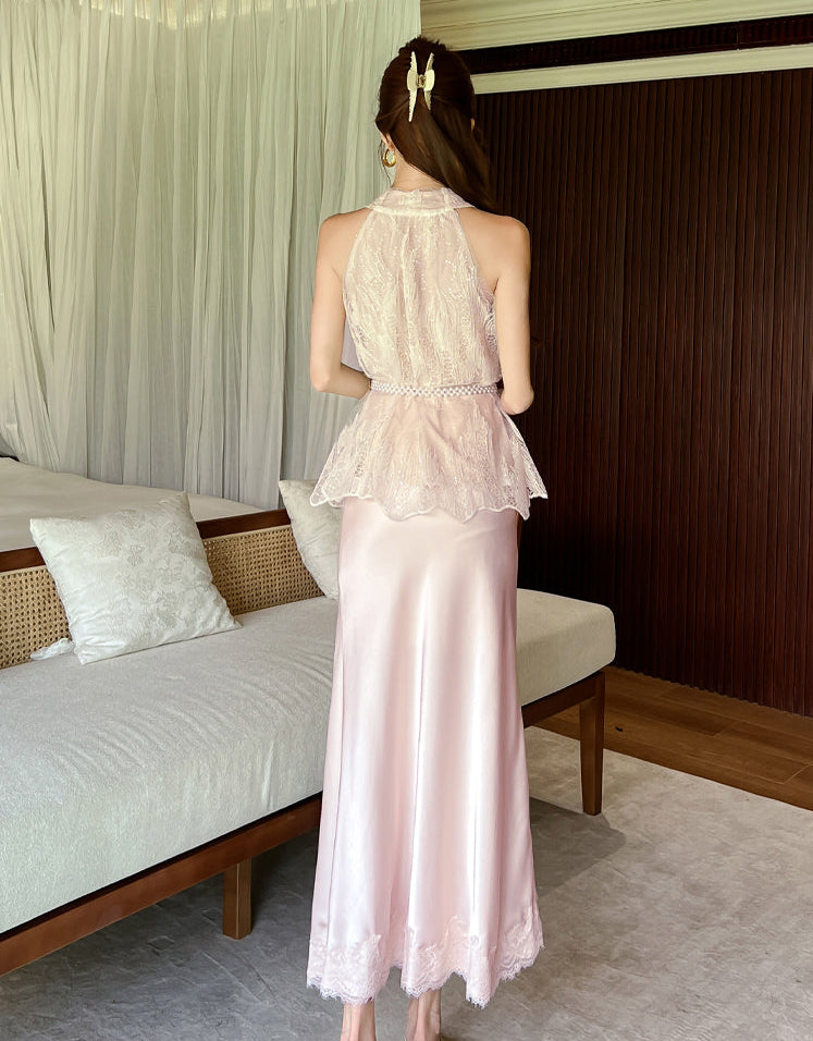 V-Neck Lace Peplum Top & Satin Maxi Skirt Two-Piece Dress Set
