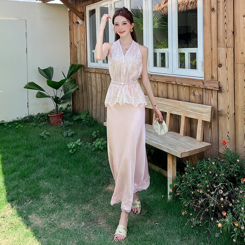 V-Neck Lace Peplum Top & Satin Maxi Skirt Two-Piece Dress Set