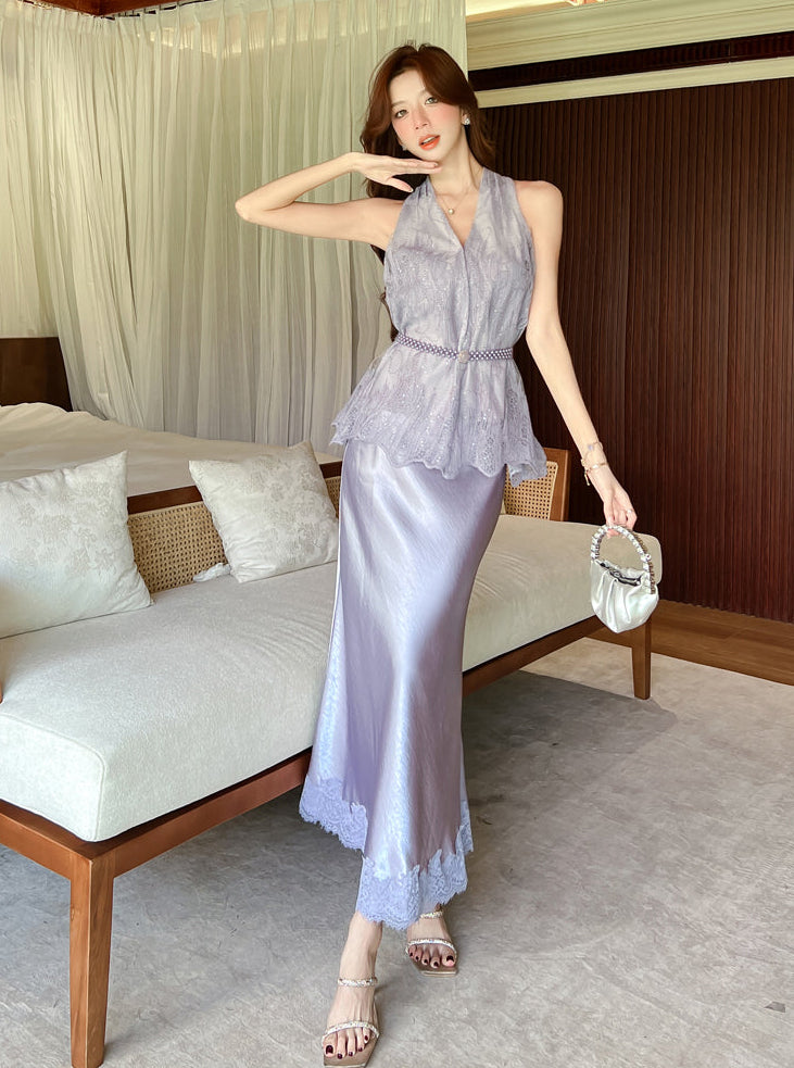 V-Neck Lace Peplum Top & Satin Maxi Skirt Two-Piece Dress Set
