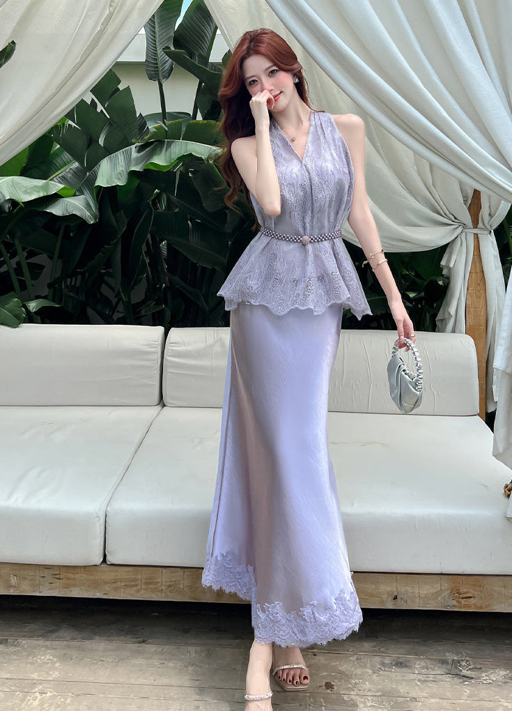 V-Neck Lace Peplum Top & Satin Maxi Skirt Two-Piece Dress Set