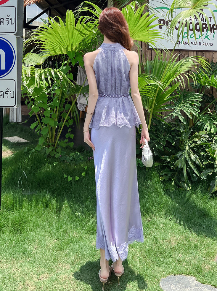 V-Neck Lace Peplum Top & Satin Maxi Skirt Two-Piece Dress Set