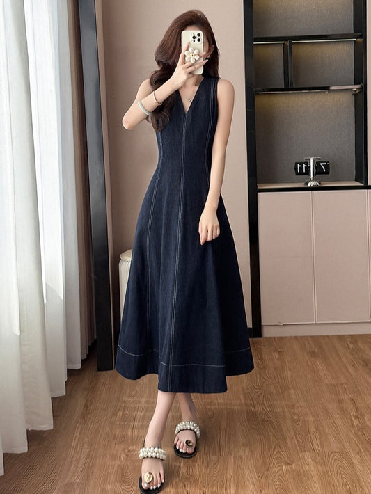 V-neck Denim Mid-length Dress