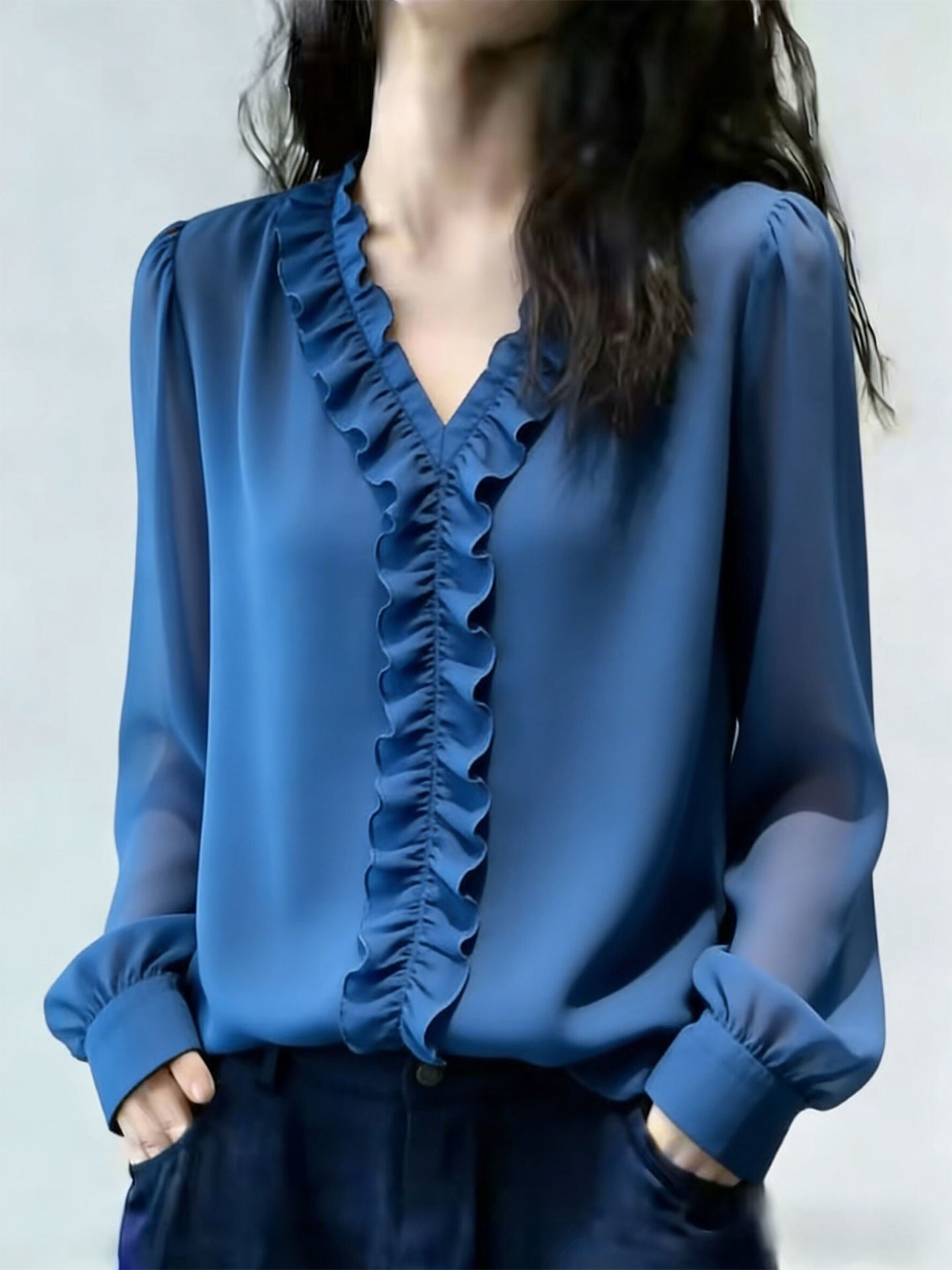 Graceful V-Neck  Long Sleeve Blouse With Ruffle Trim