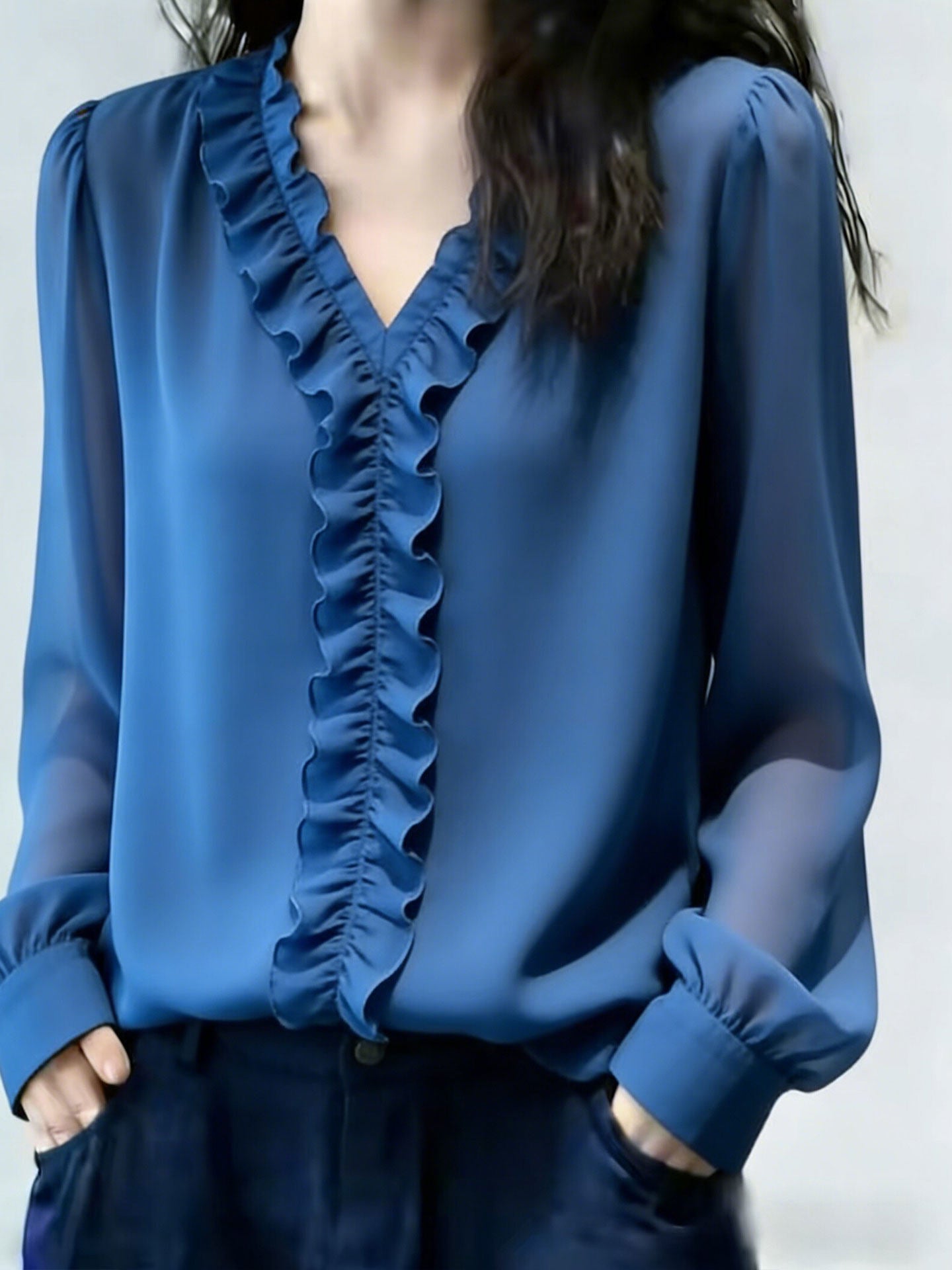 Graceful V-Neck  Long Sleeve Blouse With Ruffle Trim