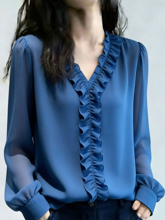 Graceful V-Neck  Long Sleeve Blouse With Ruffle Trim