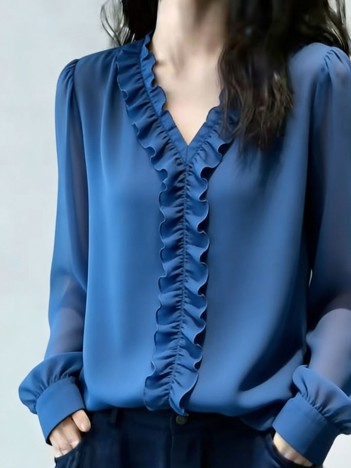 Graceful V-Neck  Long Sleeve Blouse With Ruffle Trim