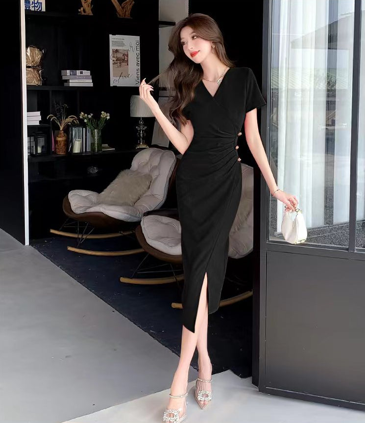 Elegant V-Neck Ruched Wrap Midi Dress with Side Slit – Short Sleeve