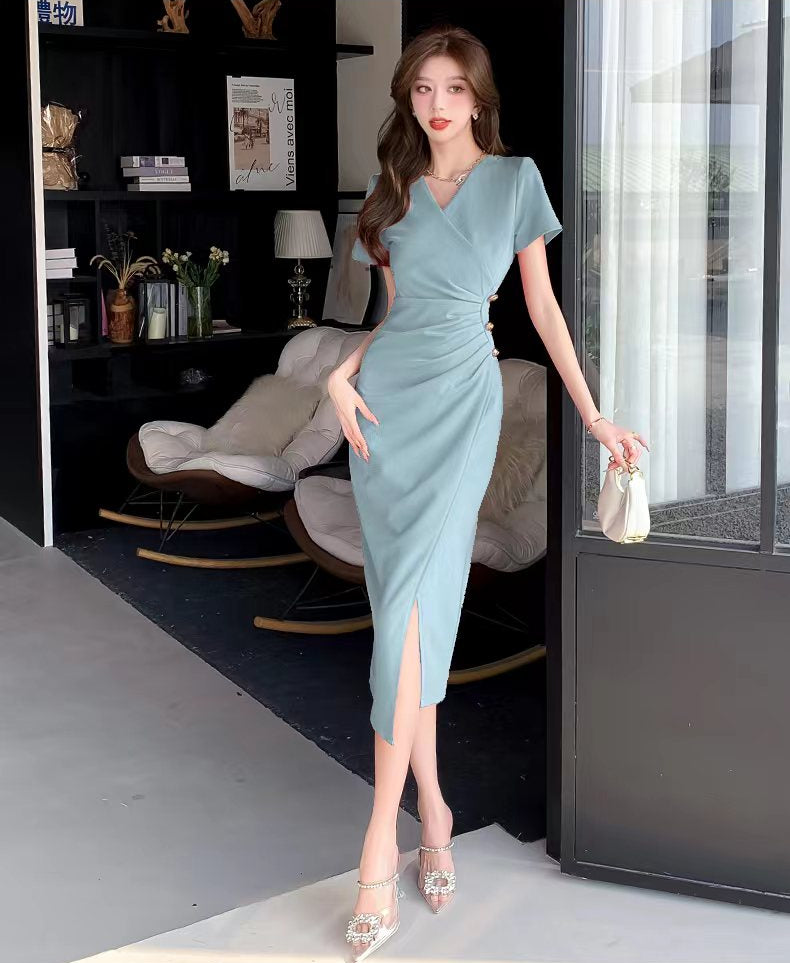 Elegant V-Neck Ruched Wrap Midi Dress with Side Slit – Short Sleeve