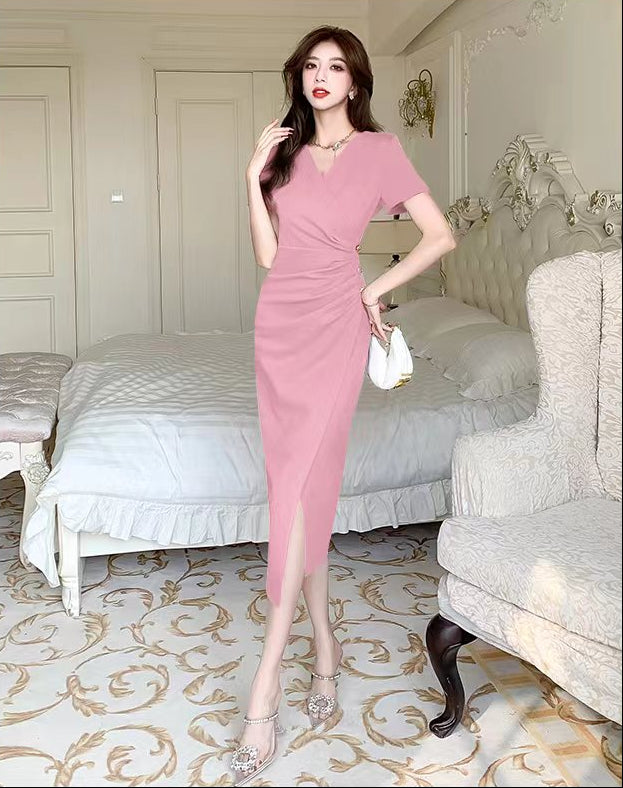 Elegant V-Neck Ruched Wrap Midi Dress with Side Slit – Short Sleeve