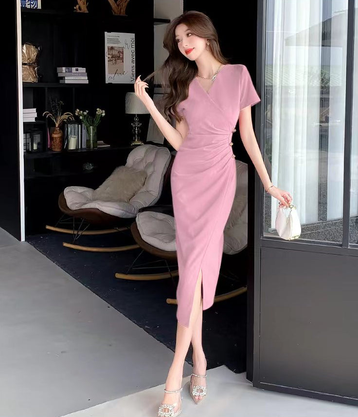 Elegant V-Neck Ruched Wrap Midi Dress with Side Slit – Short Sleeve