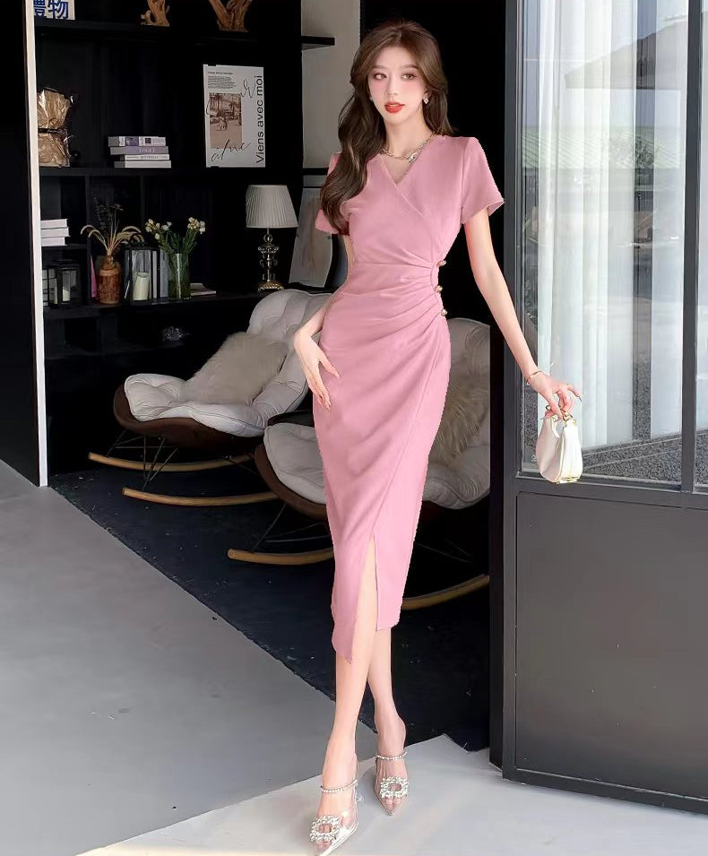 Elegant V-Neck Ruched Wrap Midi Dress with Side Slit – Short Sleeve