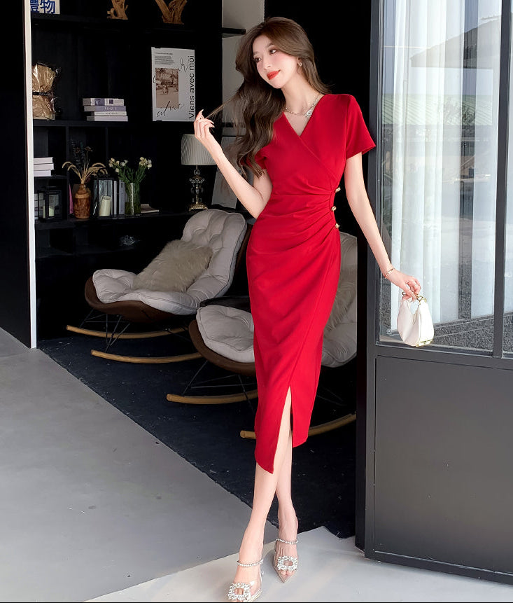 Elegant V-Neck Ruched Wrap Midi Dress with Side Slit – Short Sleeve