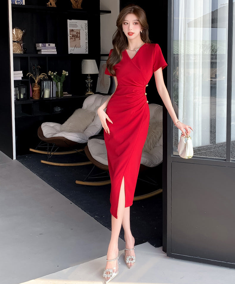 Elegant V-Neck Ruched Wrap Midi Dress with Side Slit – Short Sleeve