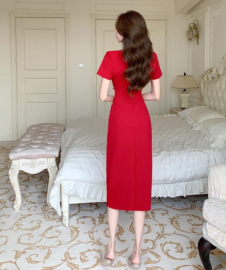 Elegant V-Neck Ruched Wrap Midi Dress with Side Slit – Short Sleeve