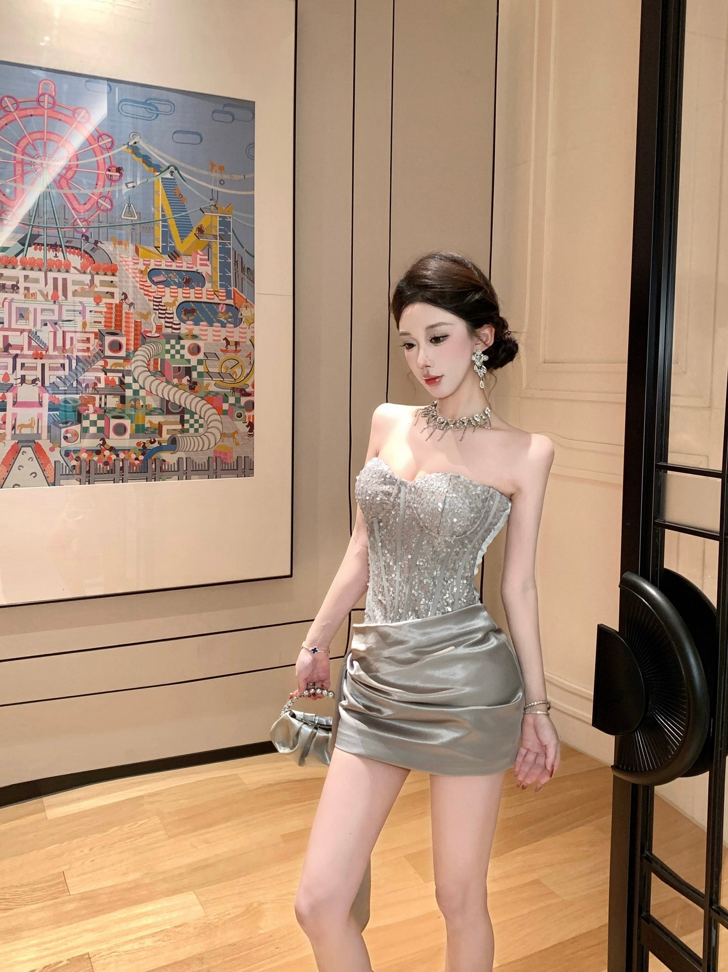 Valentina Silver Sequin Corset Mini Dress with Side Sash
