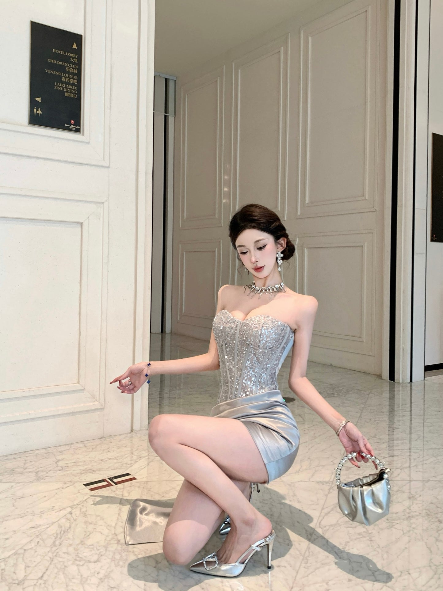 Valentina Silver Sequin Corset Mini Dress with Side Sash