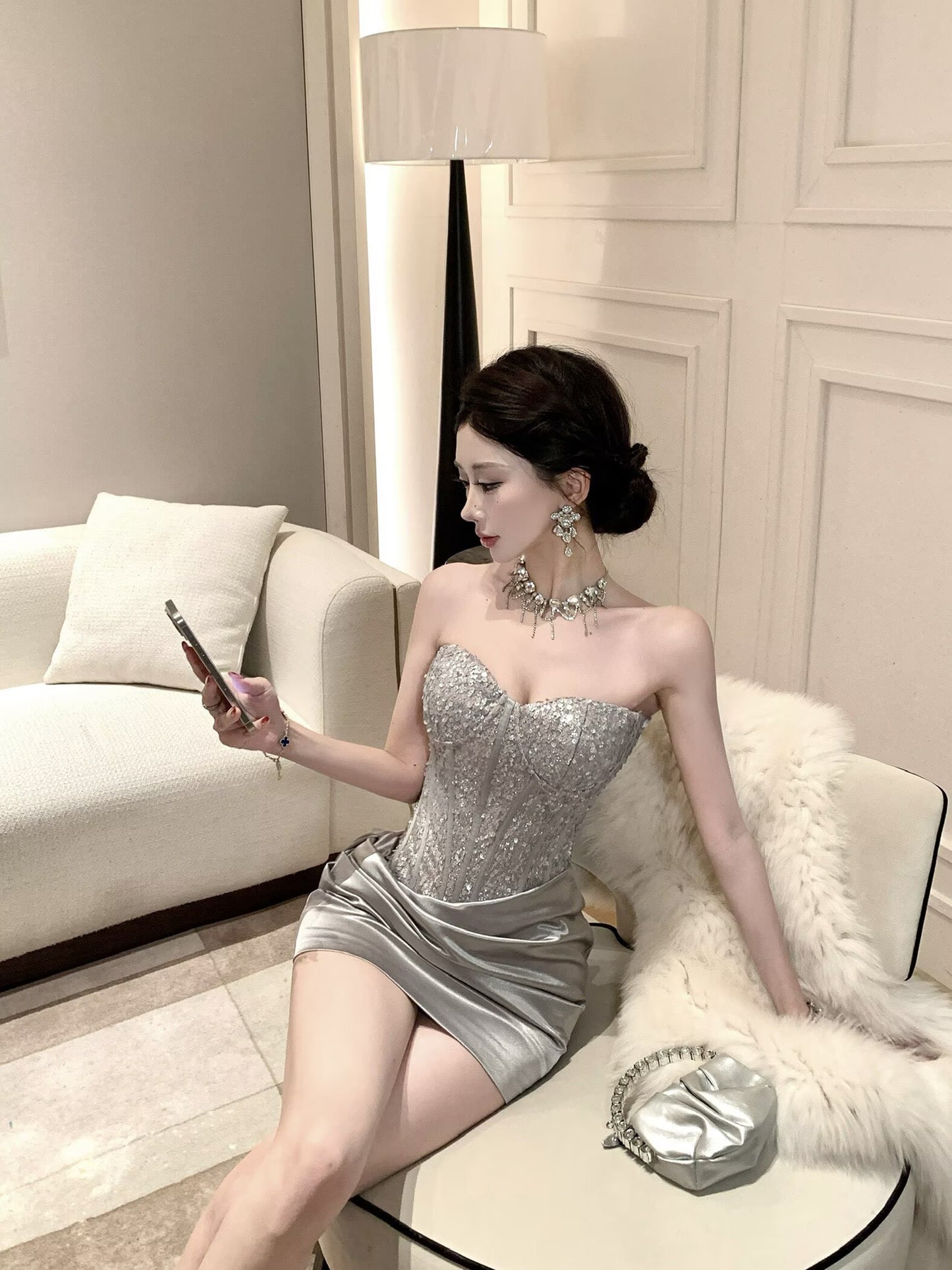 Valentina Silver Sequin Corset Mini Dress with Side Sash