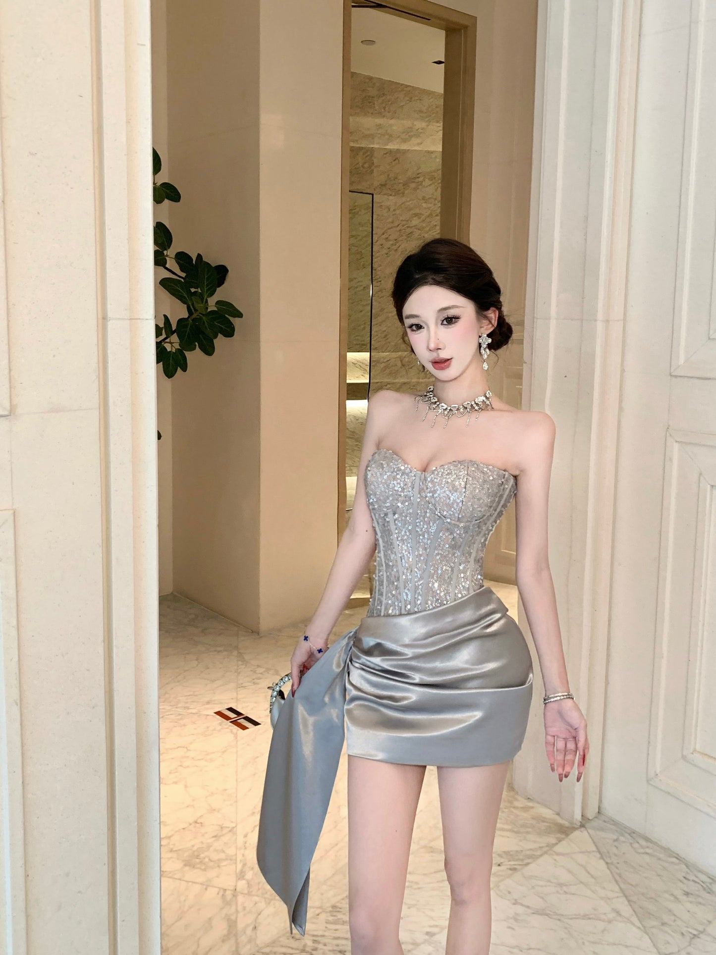 Valentina Silver Sequin Corset Mini Dress with Side Sash