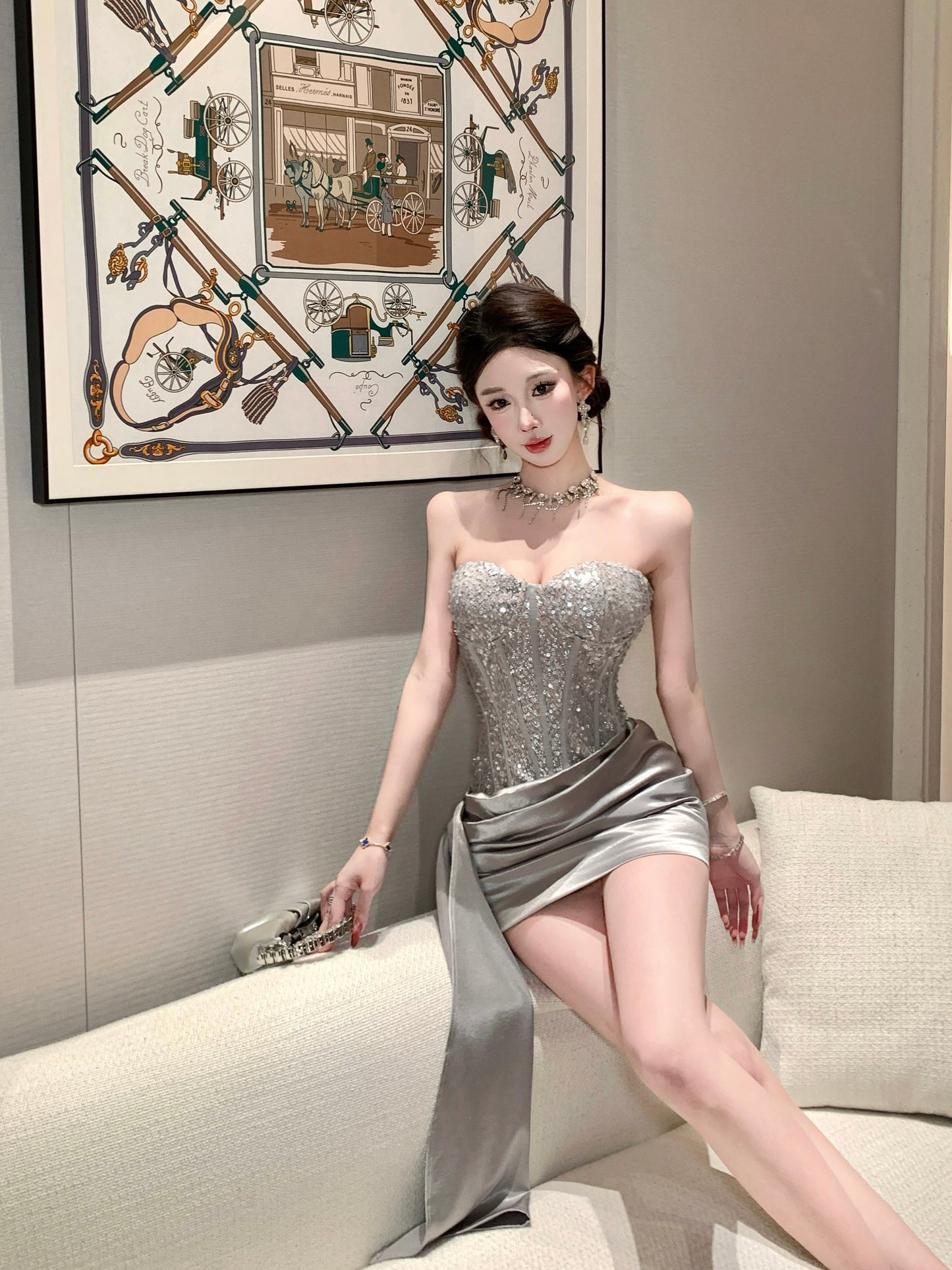 Valentina Silver Sequin Corset Mini Dress with Side Sash