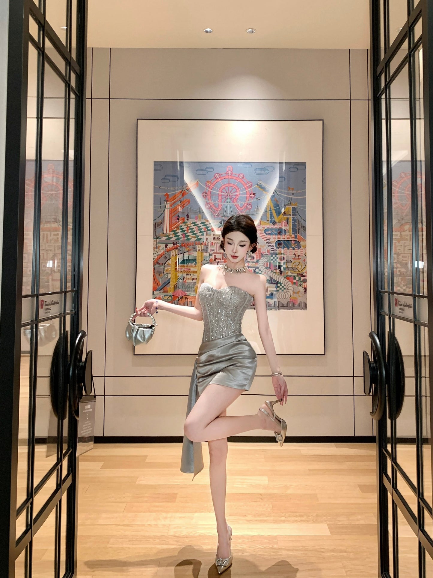 Valentina Silver Sequin Corset Mini Dress with Side Sash