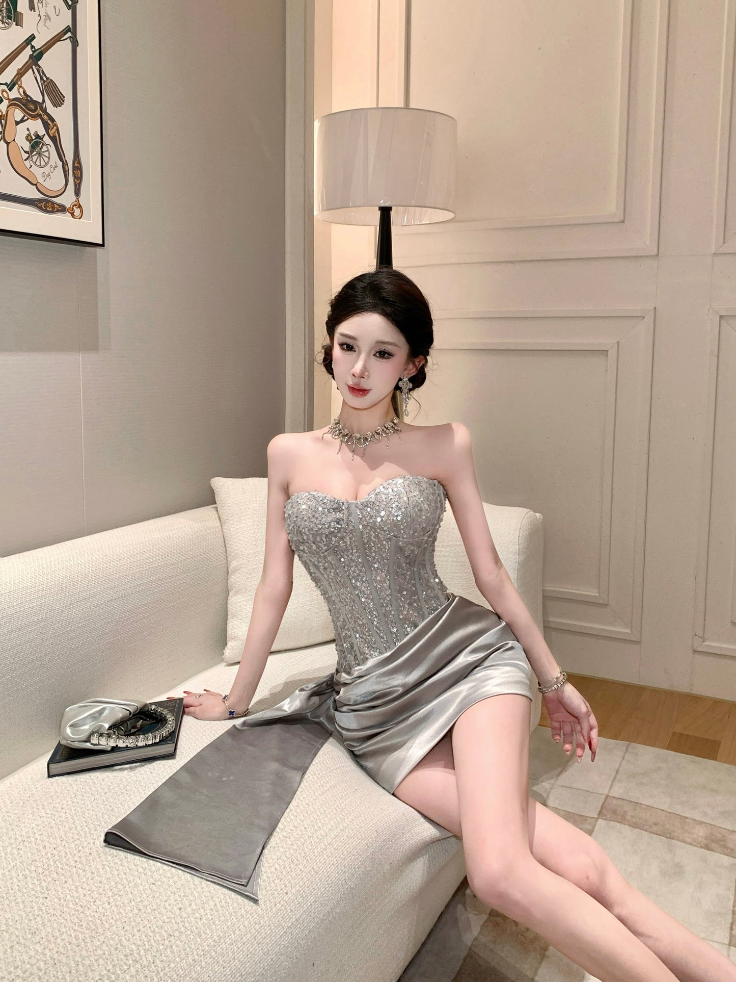 Valentina Silver Sequin Corset Mini Dress with Side Sash