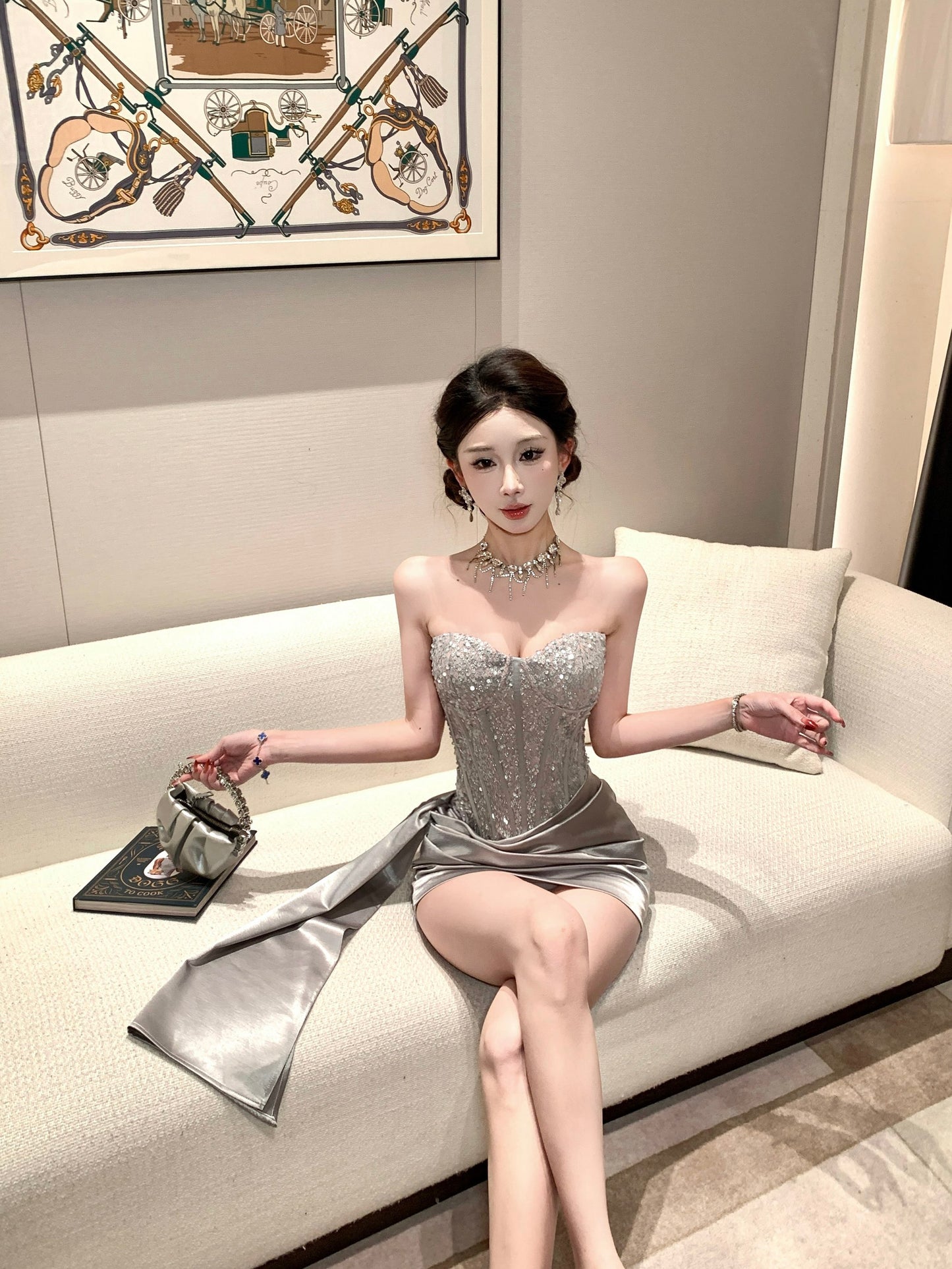 Valentina Silver Sequin Corset Mini Dress with Side Sash