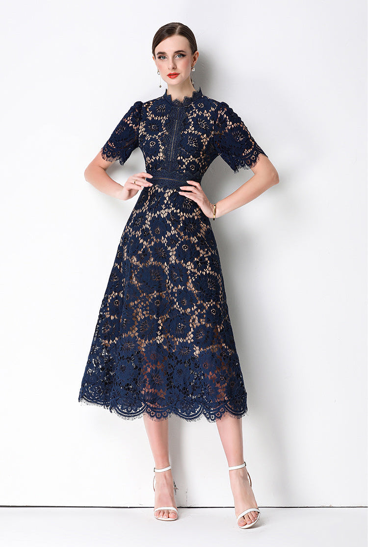 Floral Lace Mock Neck Short Sleeve Midi Dress
