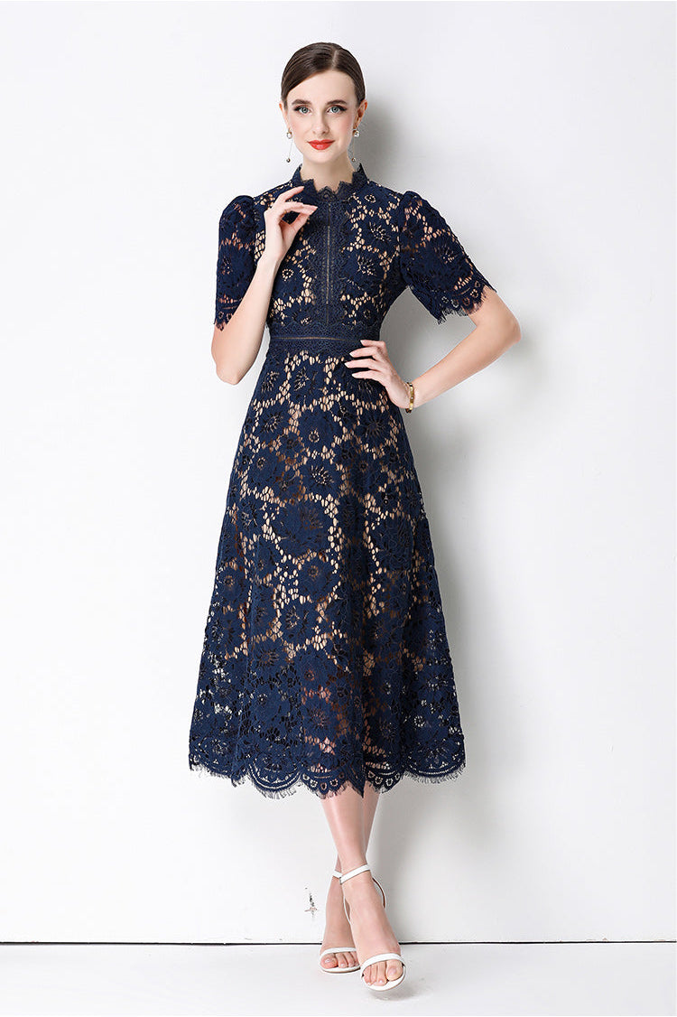 Floral Lace Mock Neck Short Sleeve Midi Dress