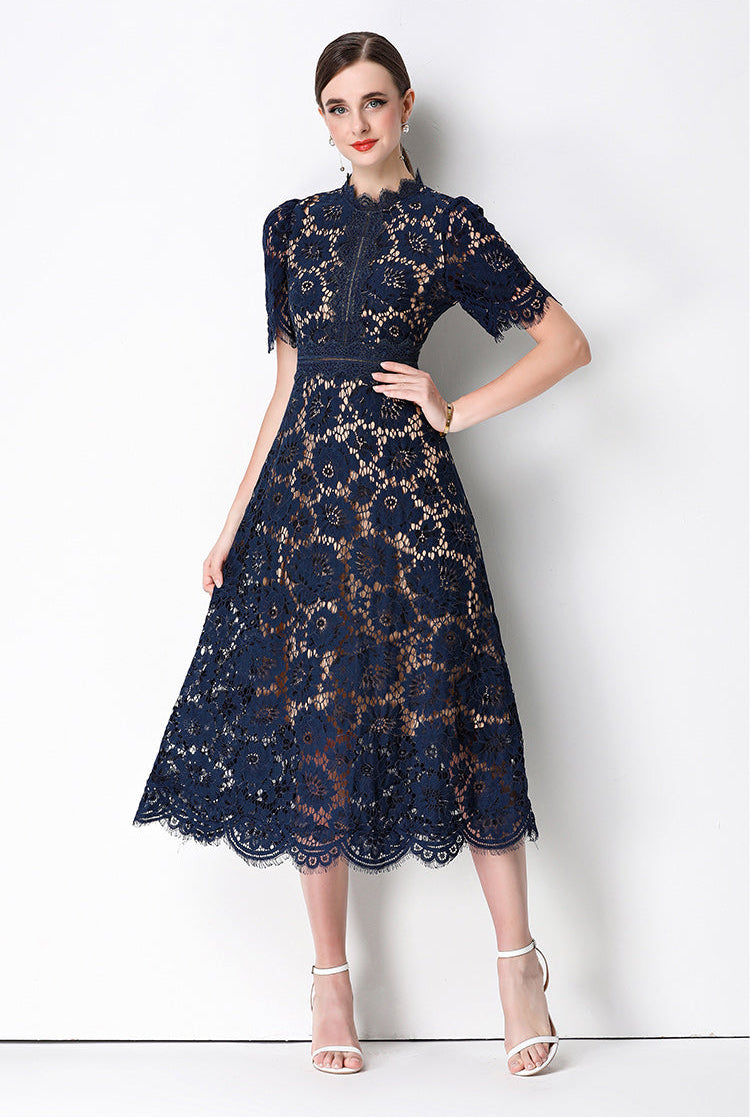 Floral Lace Mock Neck Short Sleeve Midi Dress