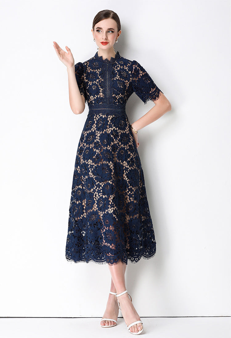 Floral Lace Mock Neck Short Sleeve Midi Dress