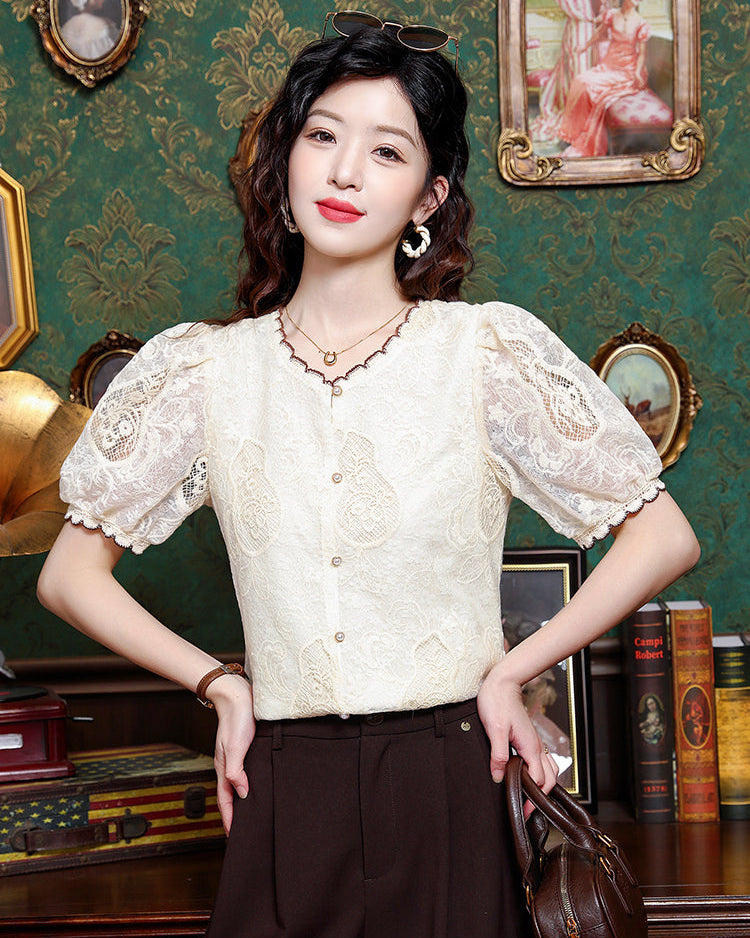 Grace Floral Lace Button-Down Top with Scalloped Trim