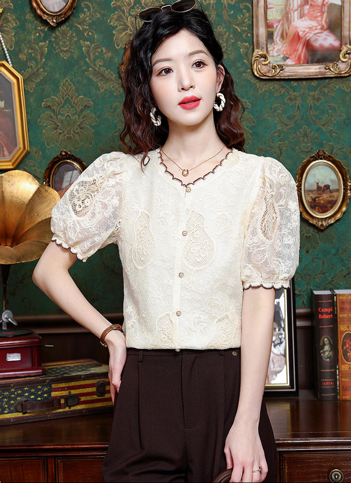 Grace Floral Lace Button-Down Top with Scalloped Trim