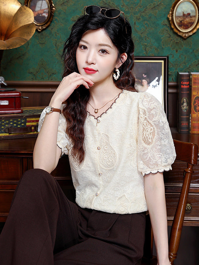 Grace Floral Lace Button-Down Top with Scalloped Trim