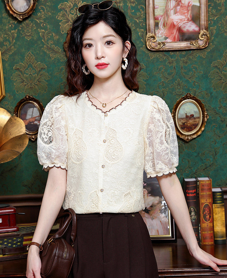 Grace Floral Lace Button-Down Top with Scalloped Trim