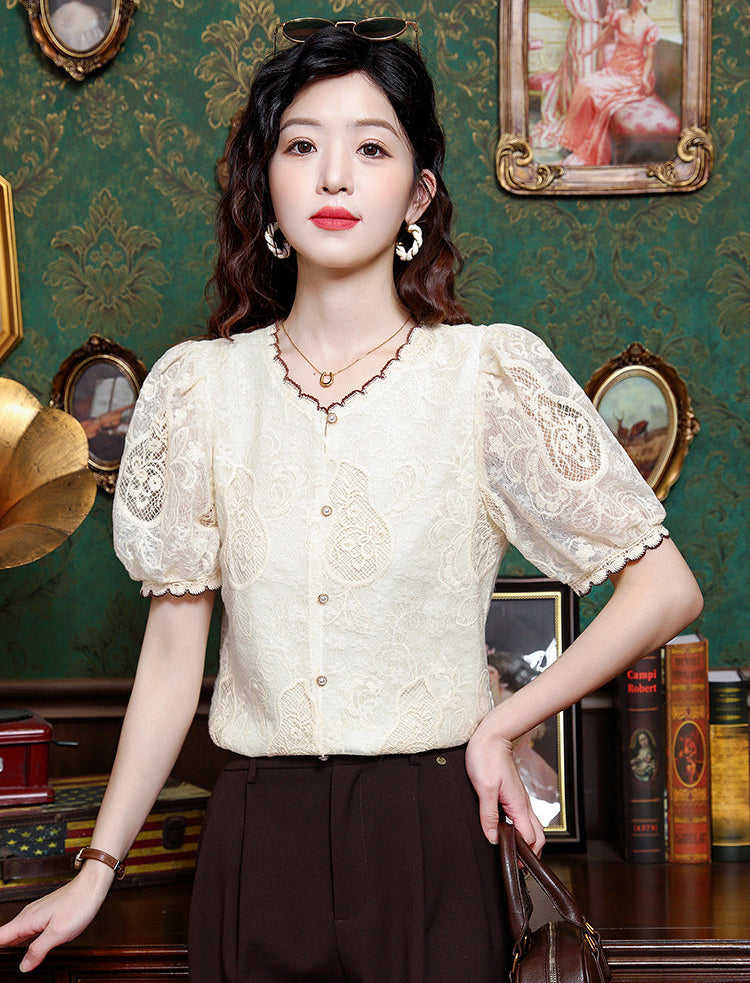 Grace Floral Lace Button-Down Top with Scalloped Trim