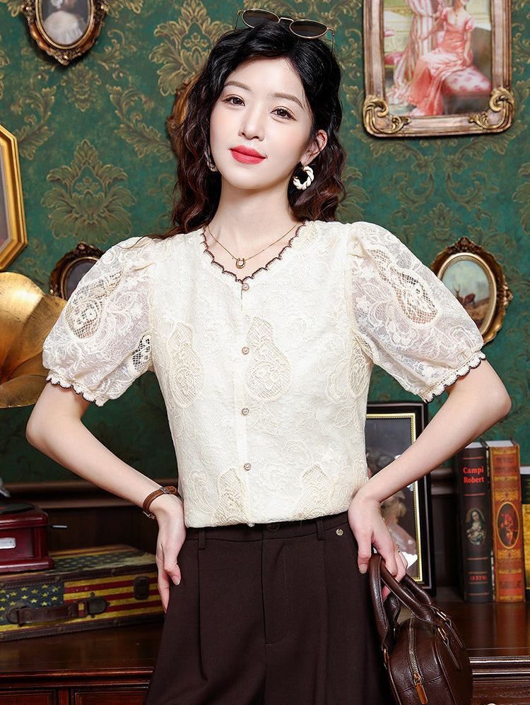 Grace Floral Lace Button-Down Top with Scalloped Trim