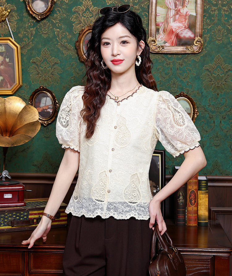 Grace Floral Lace Button-Down Top with Scalloped Trim