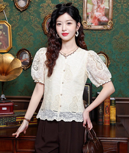 Grace Floral Lace Button-Down Top with Scalloped Trim