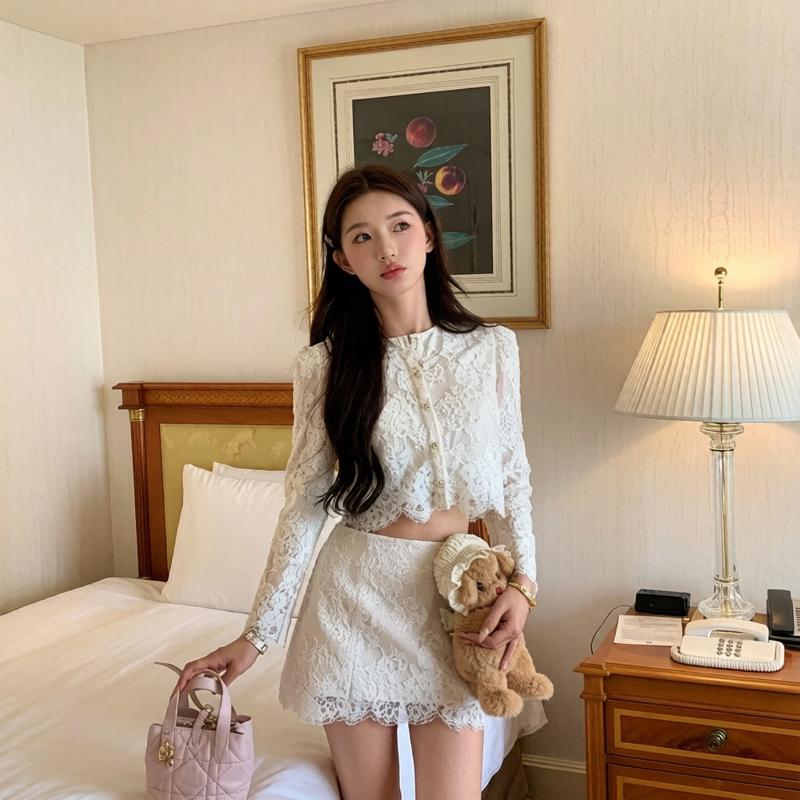 Victorian Floral Lace Long Sleeve Cropped Co-Ord Set