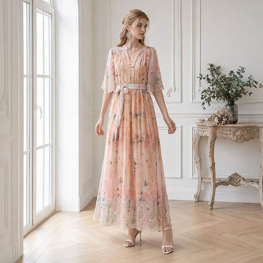 Peach Blossom Mock-Neck Chiffon Gown