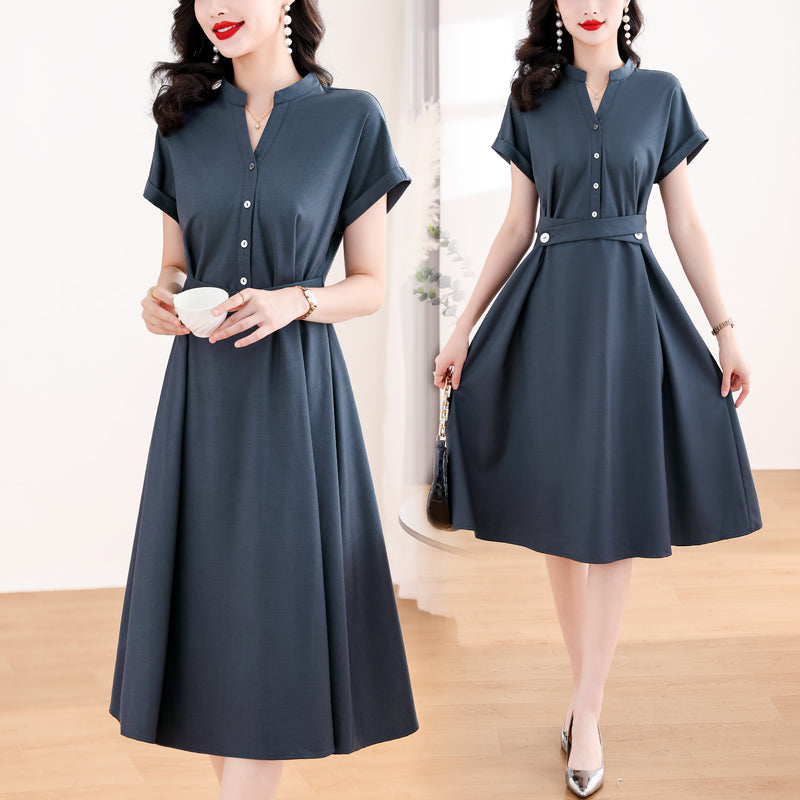 Vintage-Inspired Split Collar A-Line Shirt Dress