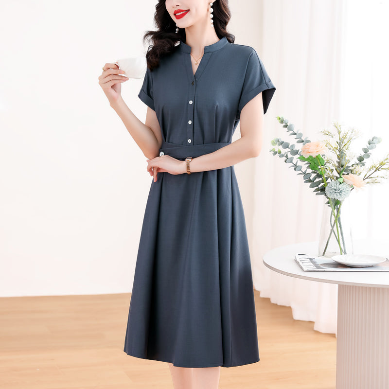 Vintage-Inspired Split Collar A-Line Shirt Dress