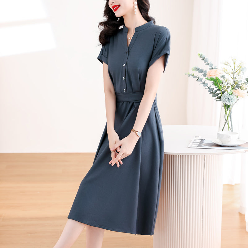 Vintage-Inspired Split Collar A-Line Shirt Dress