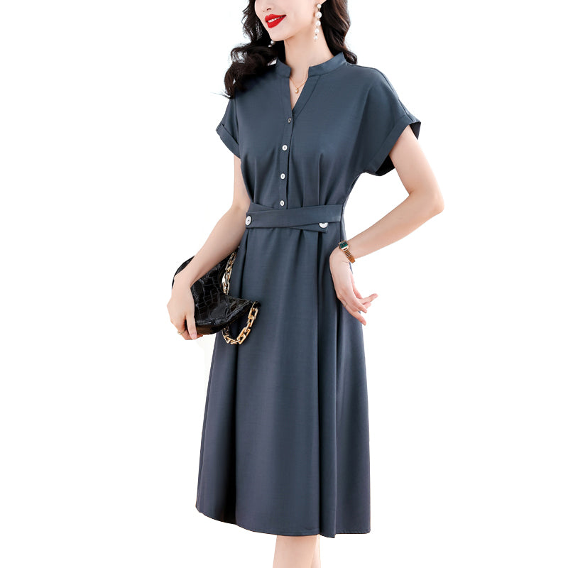 Vintage-Inspired Split Collar A-Line Shirt Dress