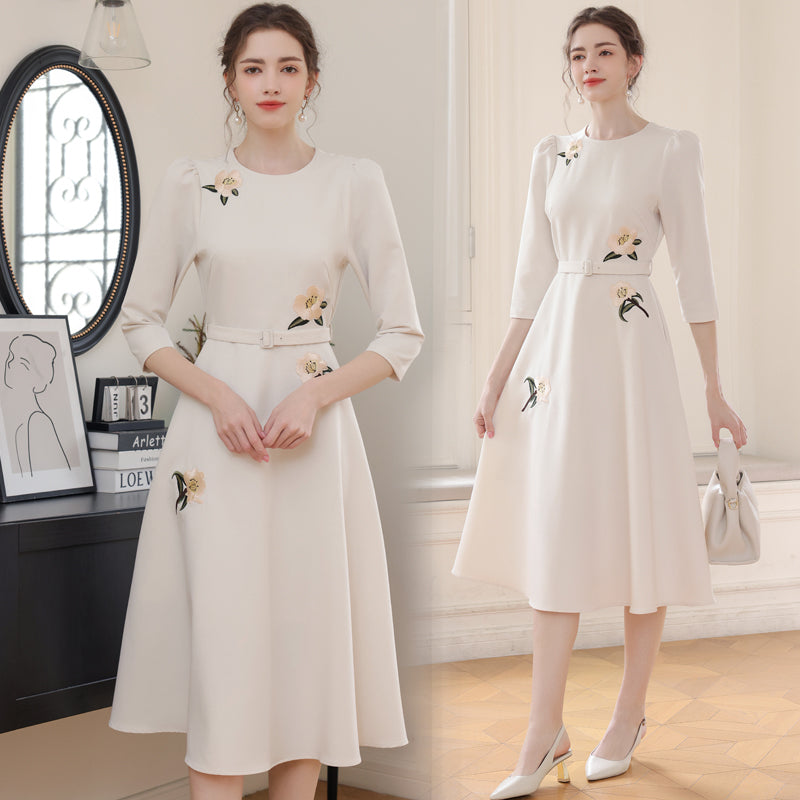 Vintage-Style Cream Belted Dress with Floral Accents