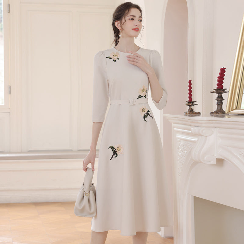 Vintage-Style Cream Belted Dress with Floral Accents