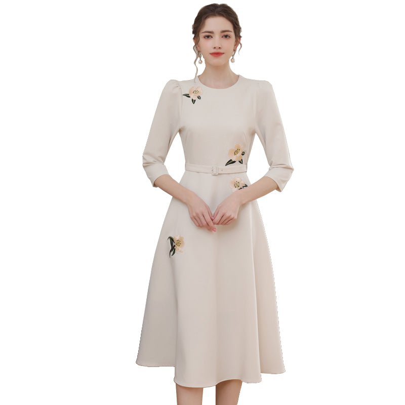 Vintage-Style Cream Belted Dress with Floral Accents