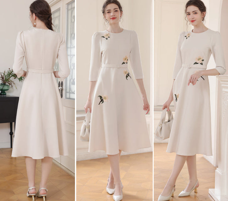 Vintage-Style Cream Belted Dress with Floral Accents