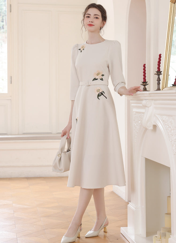 Vintage-Style Cream Belted Dress with Floral Accents